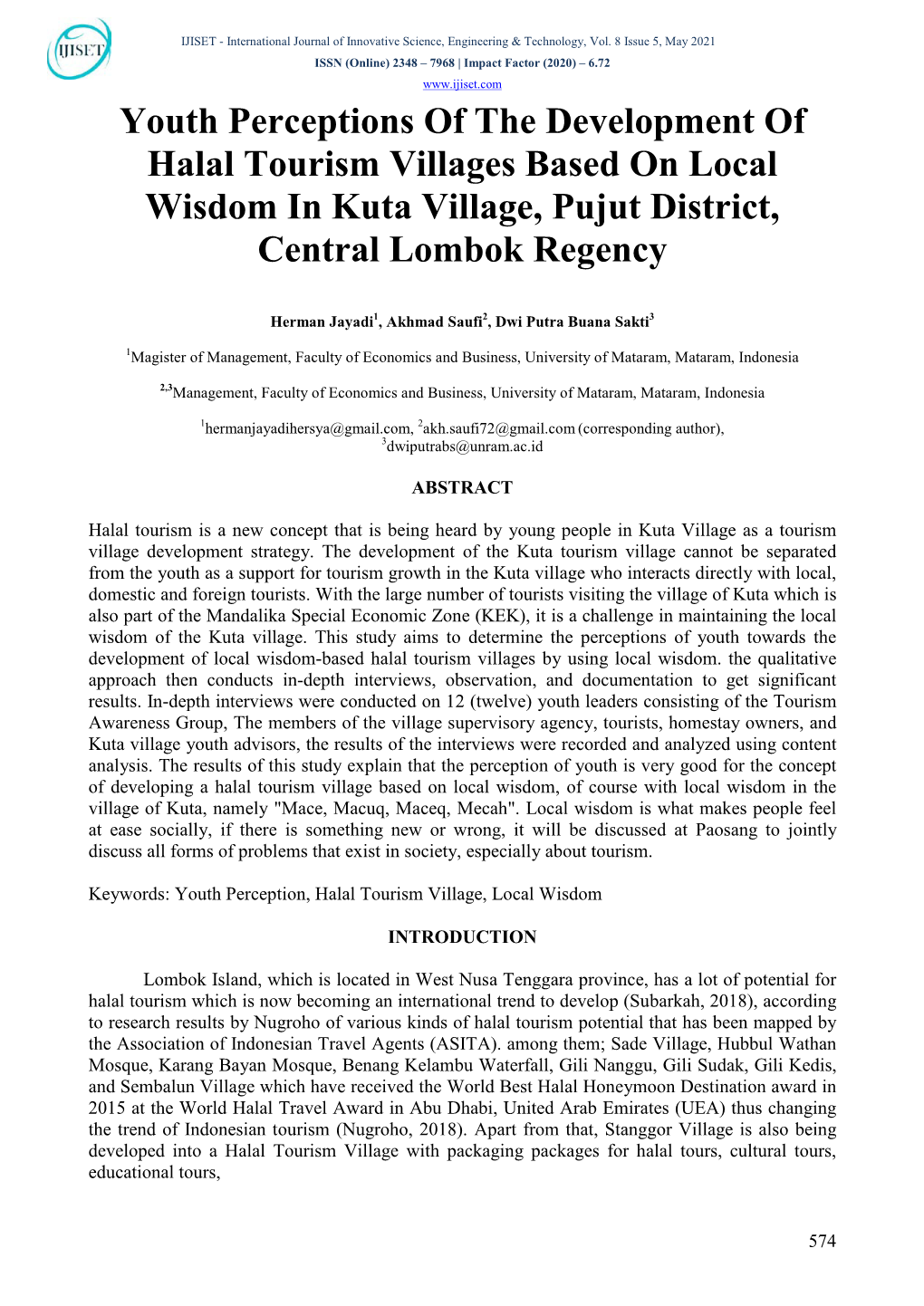 Youth Perceptions of the Development of Halal Tourism Villages Based on Local Wisdom in Kuta Village, Pujut District, Central Lombok Regency