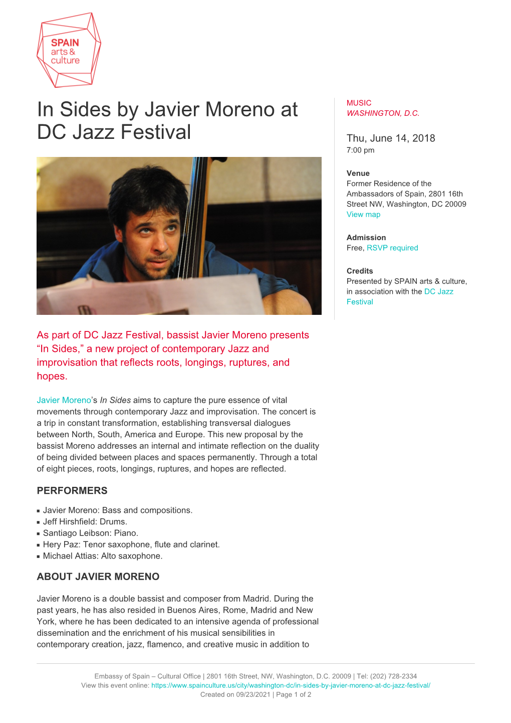 In Sides by Javier Moreno at DC Jazz Festival
