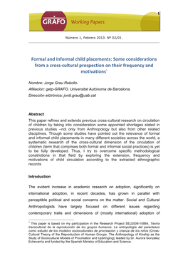 Formal and Informal Child Placements: Some Considerations from a Cross-Cultural Prospection on Their Frequency and Motivations1