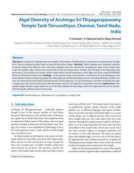 Algal Diversity of Arulmigu Sri Thiyagarajaswamy Temple Tank Thiruvottiyur, Chennai, Tamil Nadu, India