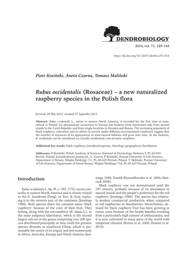 Rubus Occidentalis (Rosaceae) – a New Naturalized Raspberry Species in the Polish Flora