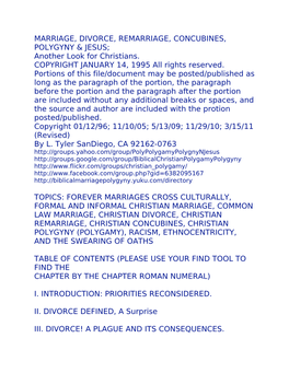 MARRIAGE, DIVORCE, REMARRIAGE, CONCUBINES, POLYGYNY & JESUS; Another Look for Christians. COPYRIGHT JANUARY 14, 1995 All