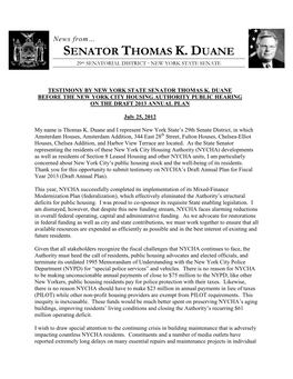 Testimony by New York State Senator Thomas K