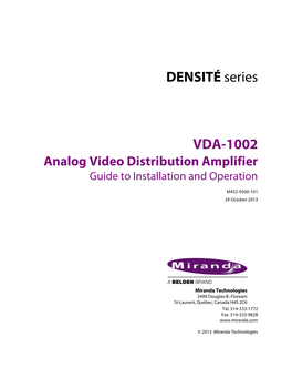 VDA-1002 Analog Video Distribution Amplifier Guide to Installation and Operation