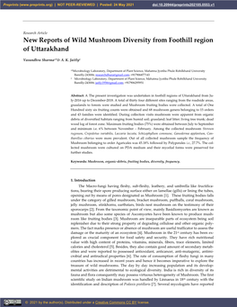 New Reports of Wild Mushroom Diversity from Foothill Region of Uttarakhand