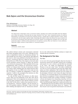 Bob Zajonc and the Unconscious Emotion ISSN 1754-0739 DOI: 10.1177/1754073910375480 Er.Sagepub.Com