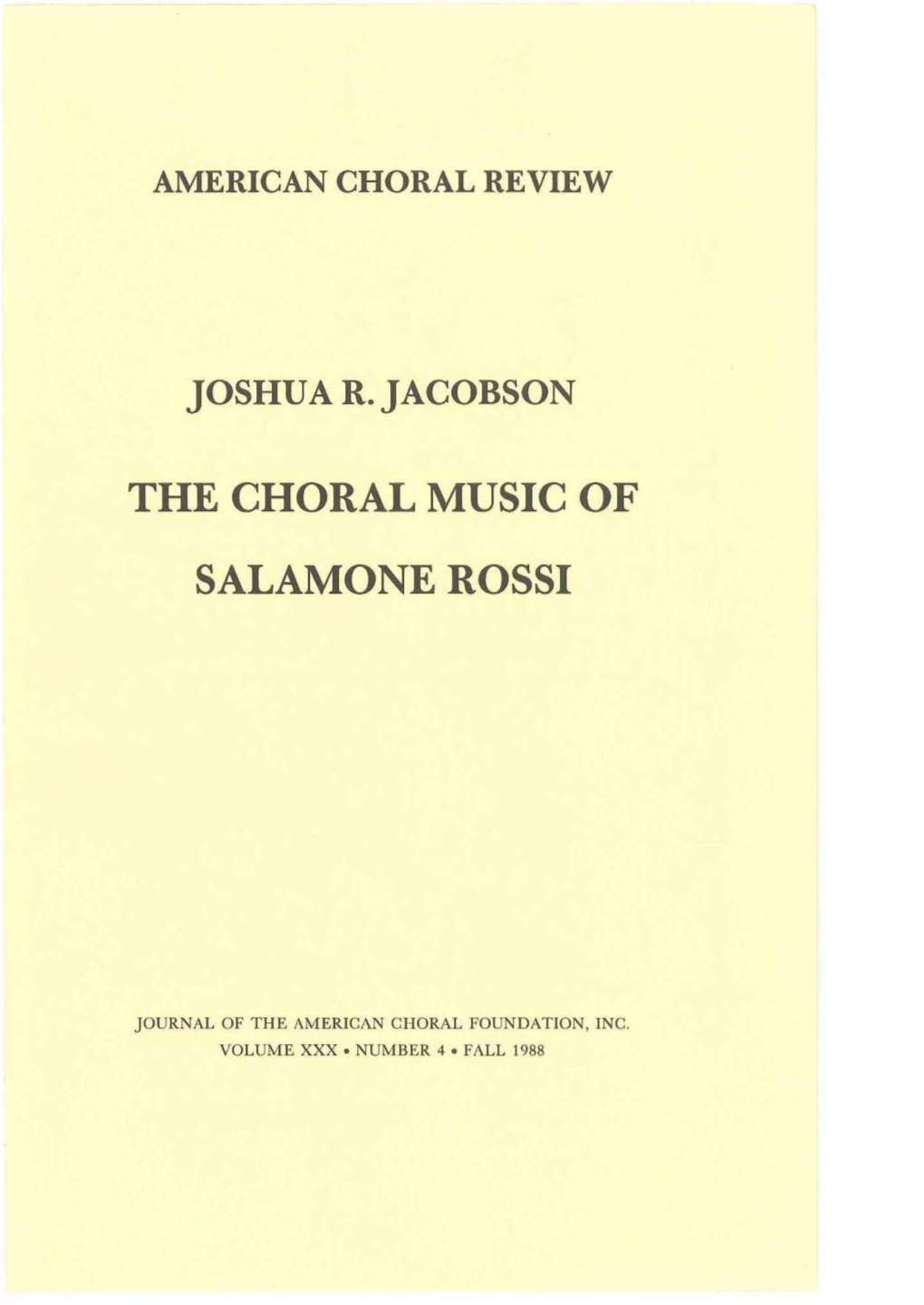 The Choral Music of Salamone Rossi Hebreo