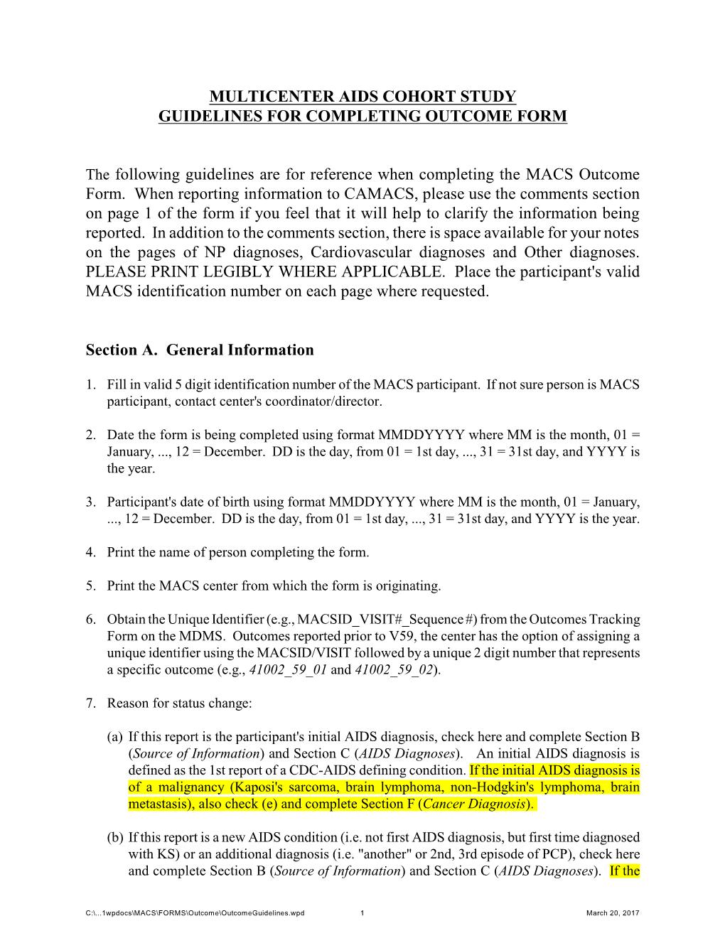 Multicenter Aids Cohort Study Guidelines for Completing Outcome Form