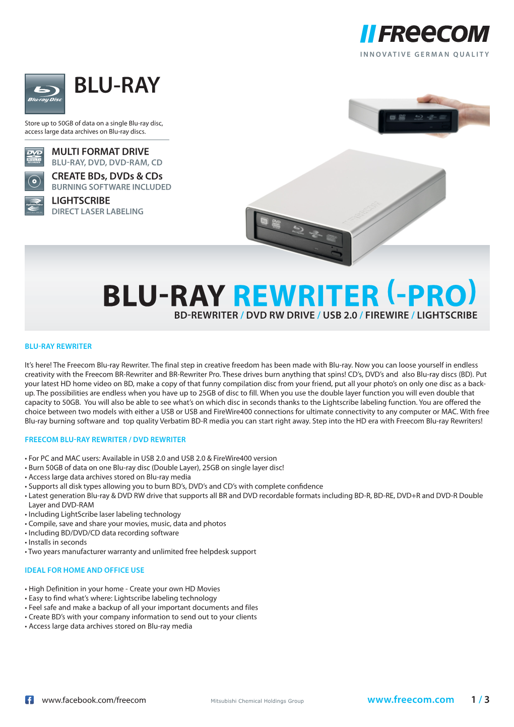 Blu-Ray Rewriter (-Pro) Bd-Rewriter / Dvd Rw Drive / Usb 2.0 / Firewire / Lightscribe