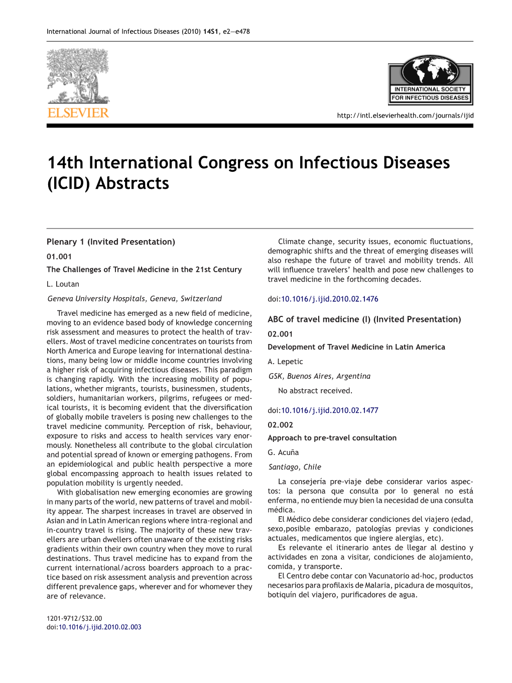 14Th International Congress on Infectious Diseases (ICID) Abstracts