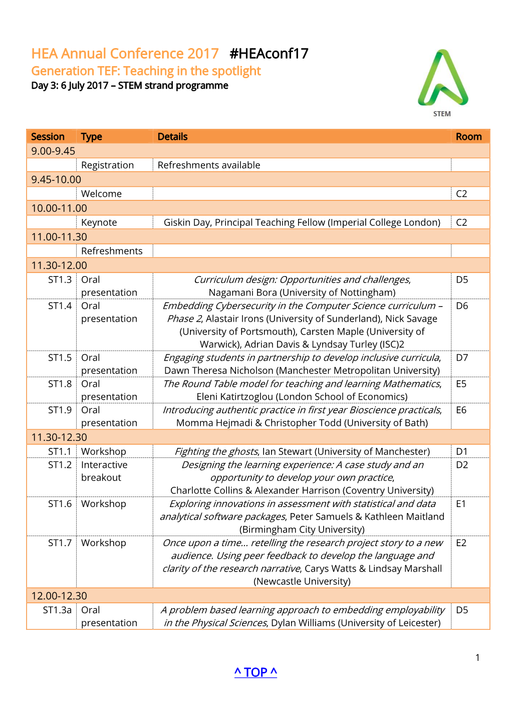 HEA Annual Conference 2017 #Heaconf17 Generation TEF: Teaching in the Spotlight Day 3: 6 July 2017 – STEM Strand Programme