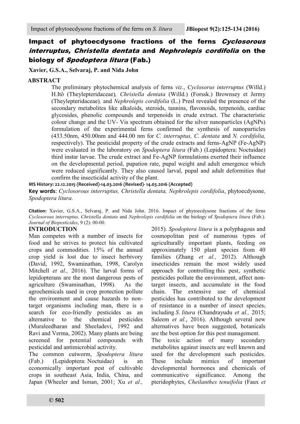 Interruptus, Christella Dentata and Nephrolepis Cordifolia on the Biology of Spodoptera Litura (Fab.)