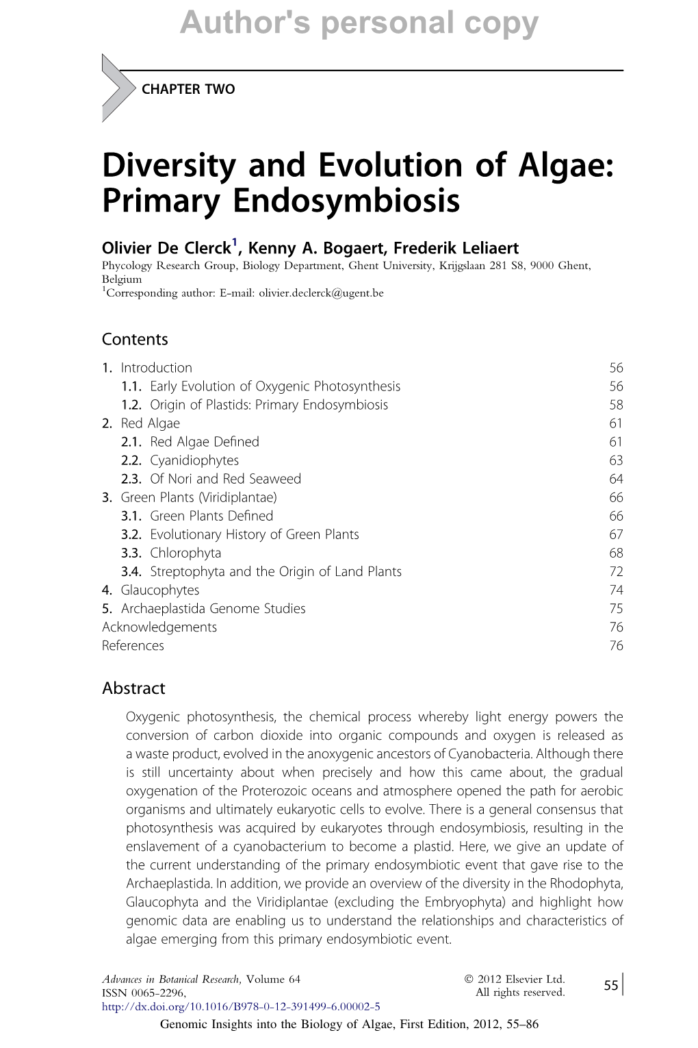 Diversity and Evolution of Algae: Primary Endosymbiosis