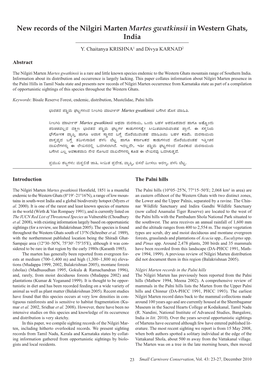 New Records of the Nilgiri Marten Martes Gwatkinsii in Western Ghats, India