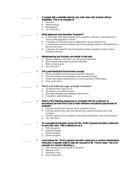 1. a Student with a Disability Attends Only Math Class with Students Without Disabilities