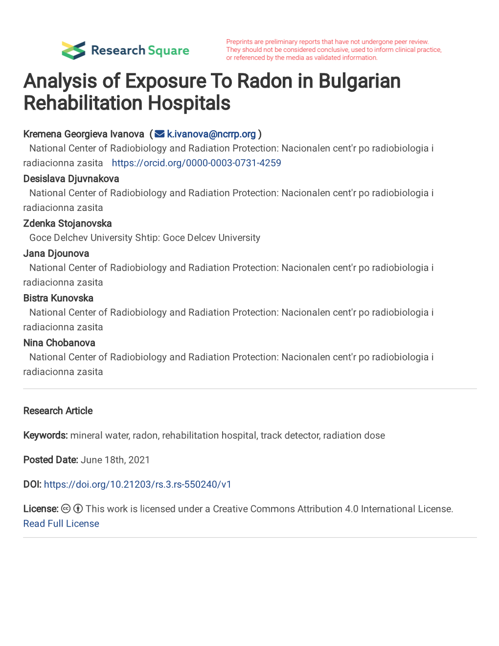 Analysis of Exposure to Radon in Bulgarian Rehabilitation Hospitals