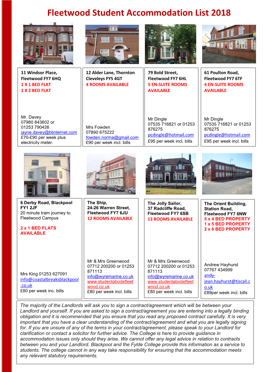 Fleetwood Student Accommodation List 2018