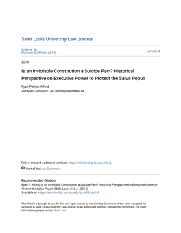 Is an Inviolable Constitution a Suicide Pact? Historical Perspective on Executive Power to Protect the Salus Populi