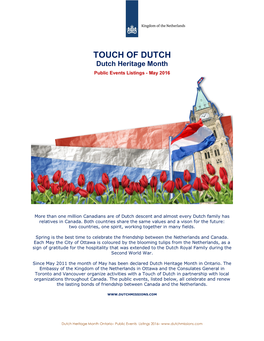 TOUCH of DUTCH Dutch Heritage Month Public Events Listings - May 2016