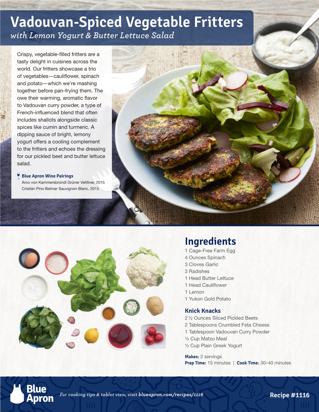 Vadouvan-Spiced Vegetable Fritters with Lemon Yogurt & Butter Lettuce Salad