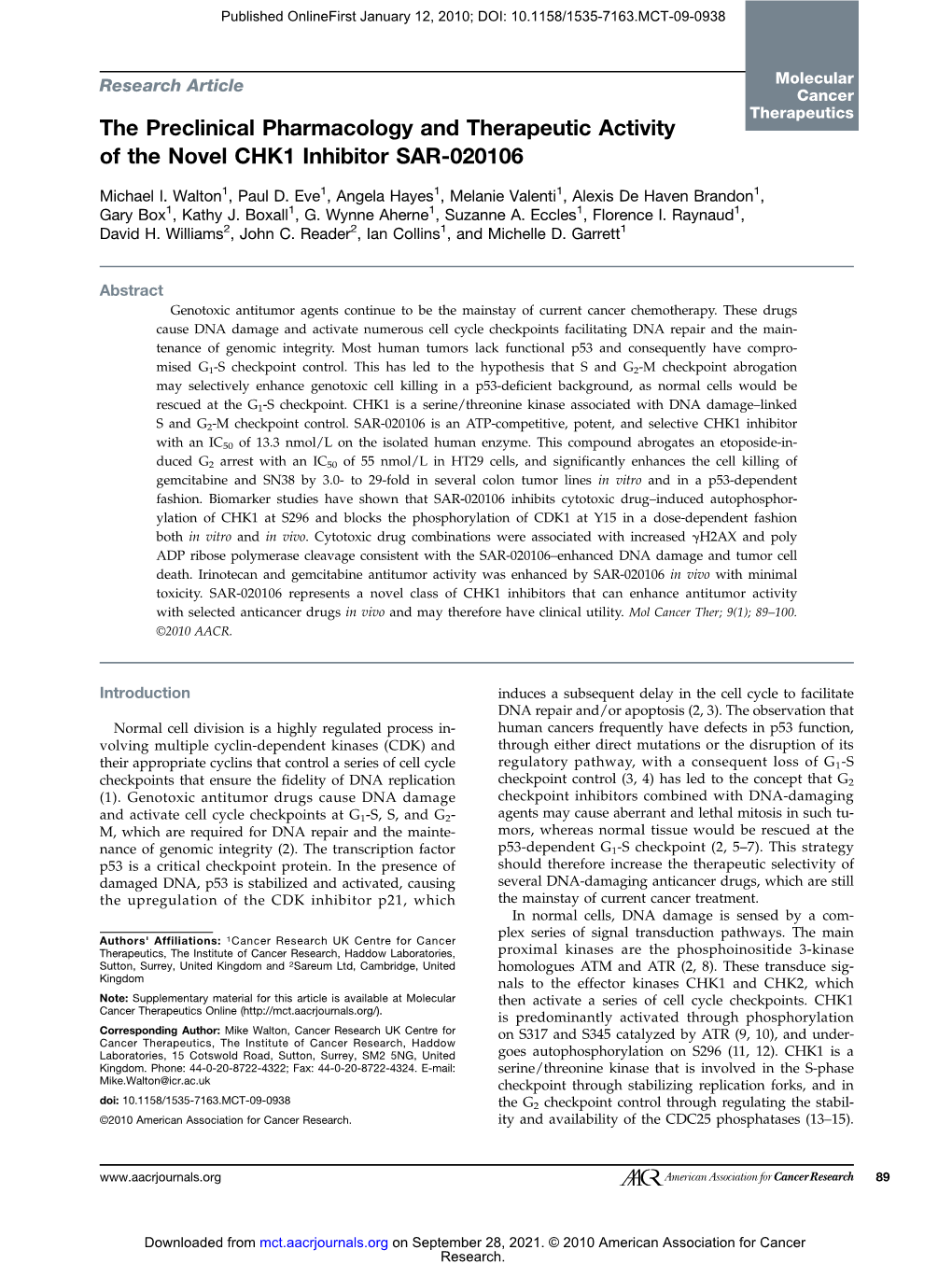 The Preclinical Pharmacology and Therapeutic Activity of the Novel CHK1 Inhibitor SAR-020106