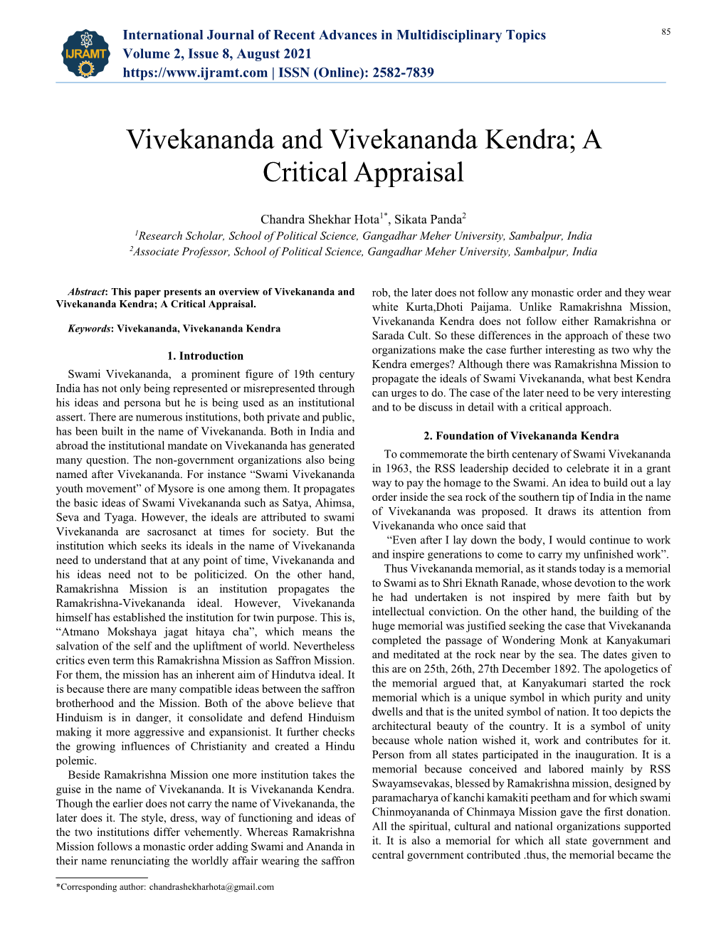 Vivekananda and Vivekananda Kendra; a Critical Appraisal