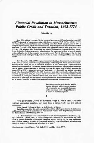 Financial Revolution in Massachusetts: Public Credit and Taxation, 1692-1774