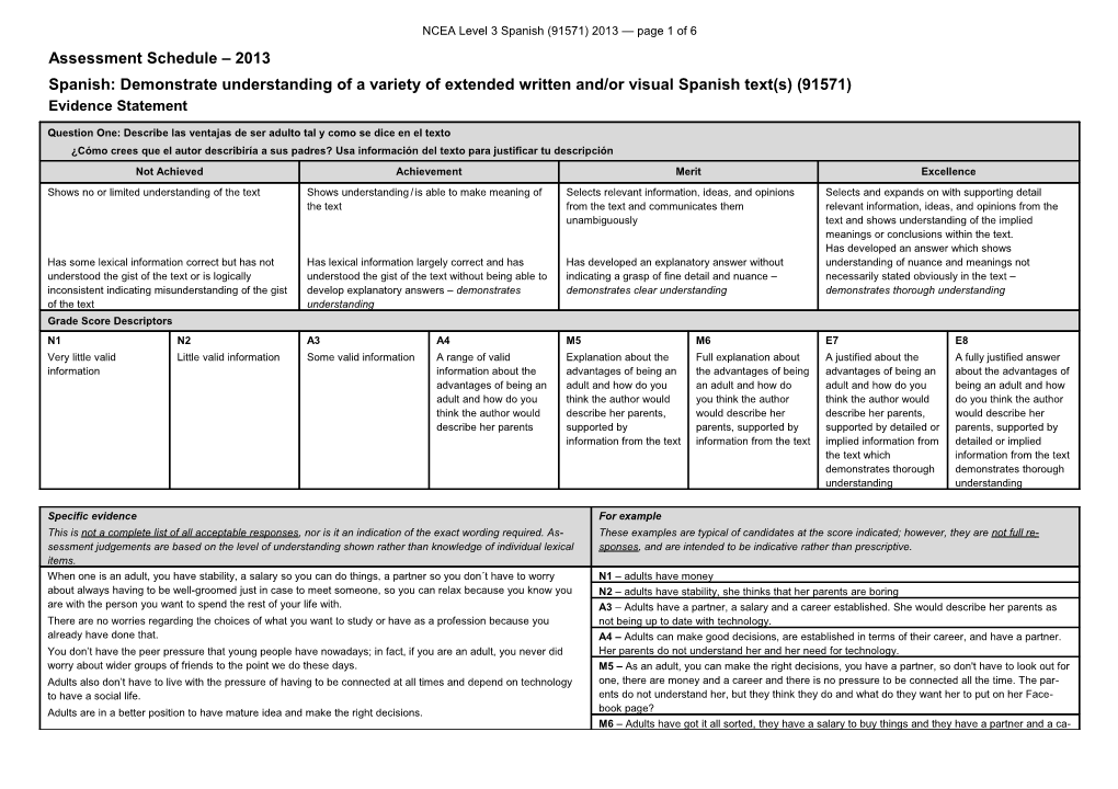 NCEA Level 3 Spanish (91571) 2013 Assessment Schedule