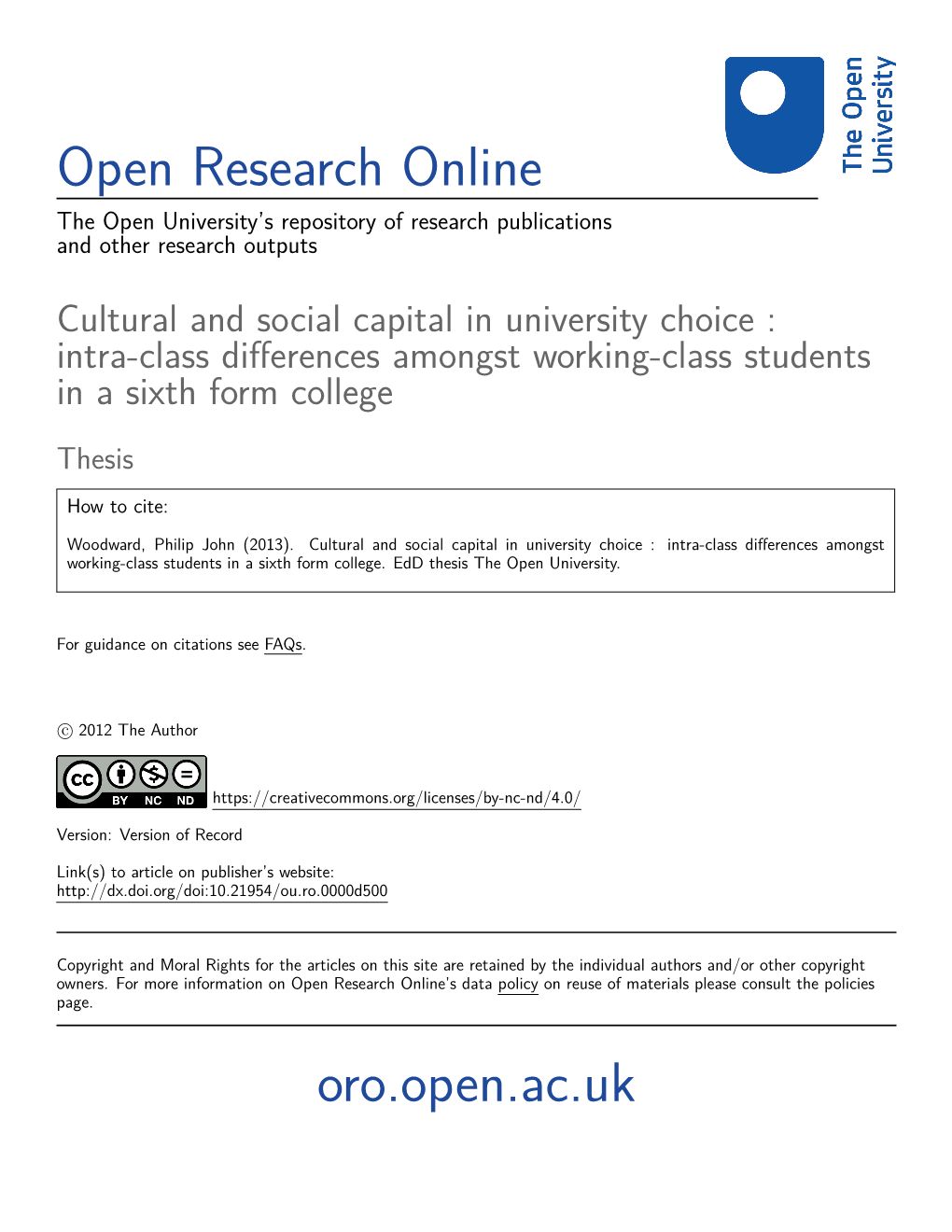 Cultural and Social Capital in University Choice : Intra-Class Differences Amongst Working-Class Students in a Sixth Form College
