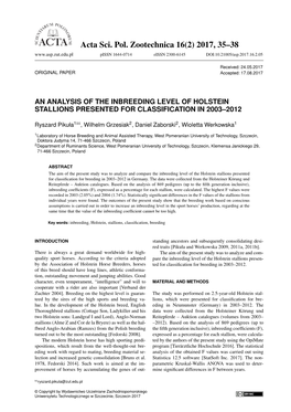 An Analysis of the Inbreeding Level of Holstein Stallions Presented for Classification in 2003–2012