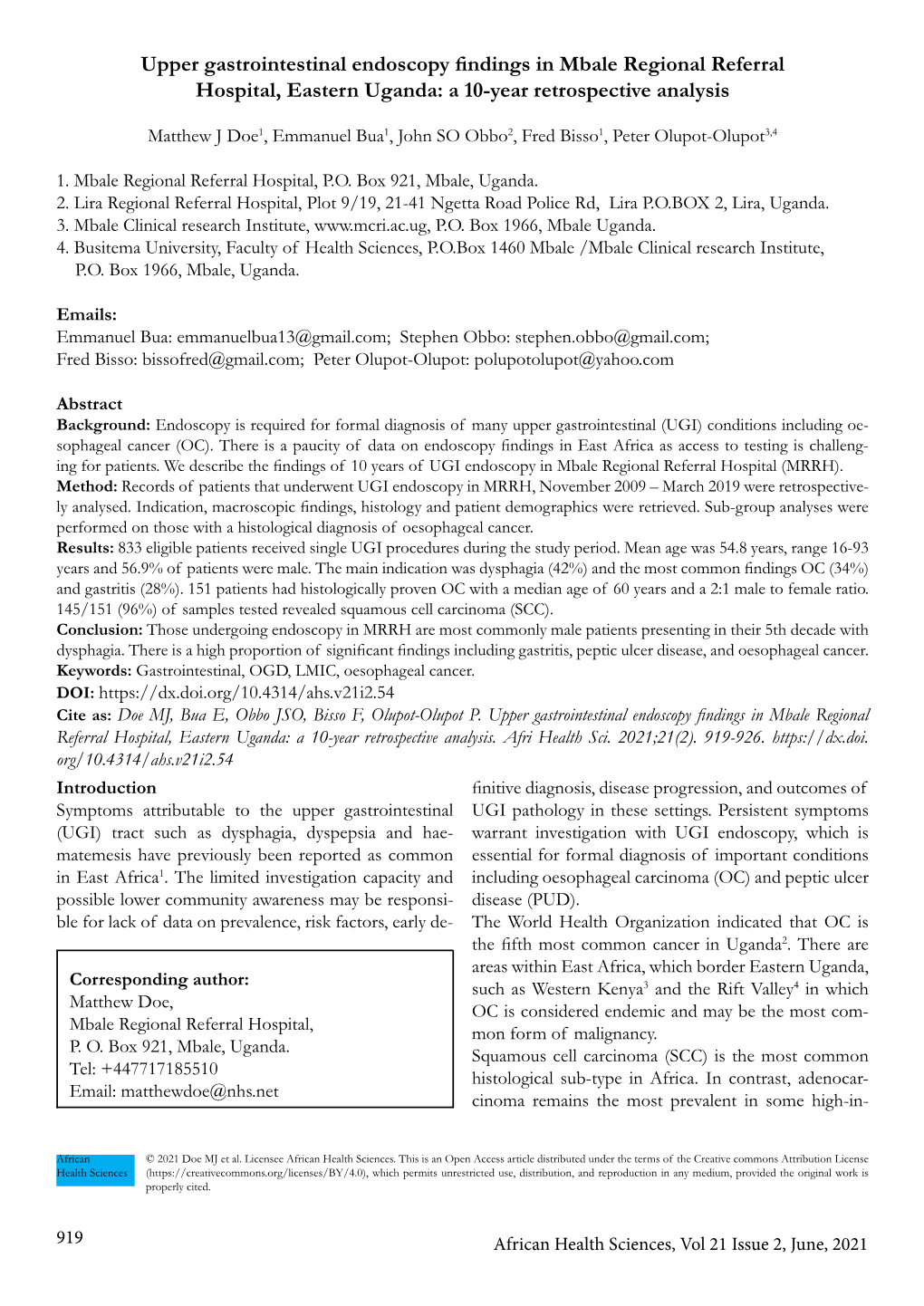 Upper Gastrointestinal Endoscopy Findings in Mbale Regional Referral Hospital, Eastern Uganda: a 10-Year Retrospective Analysis