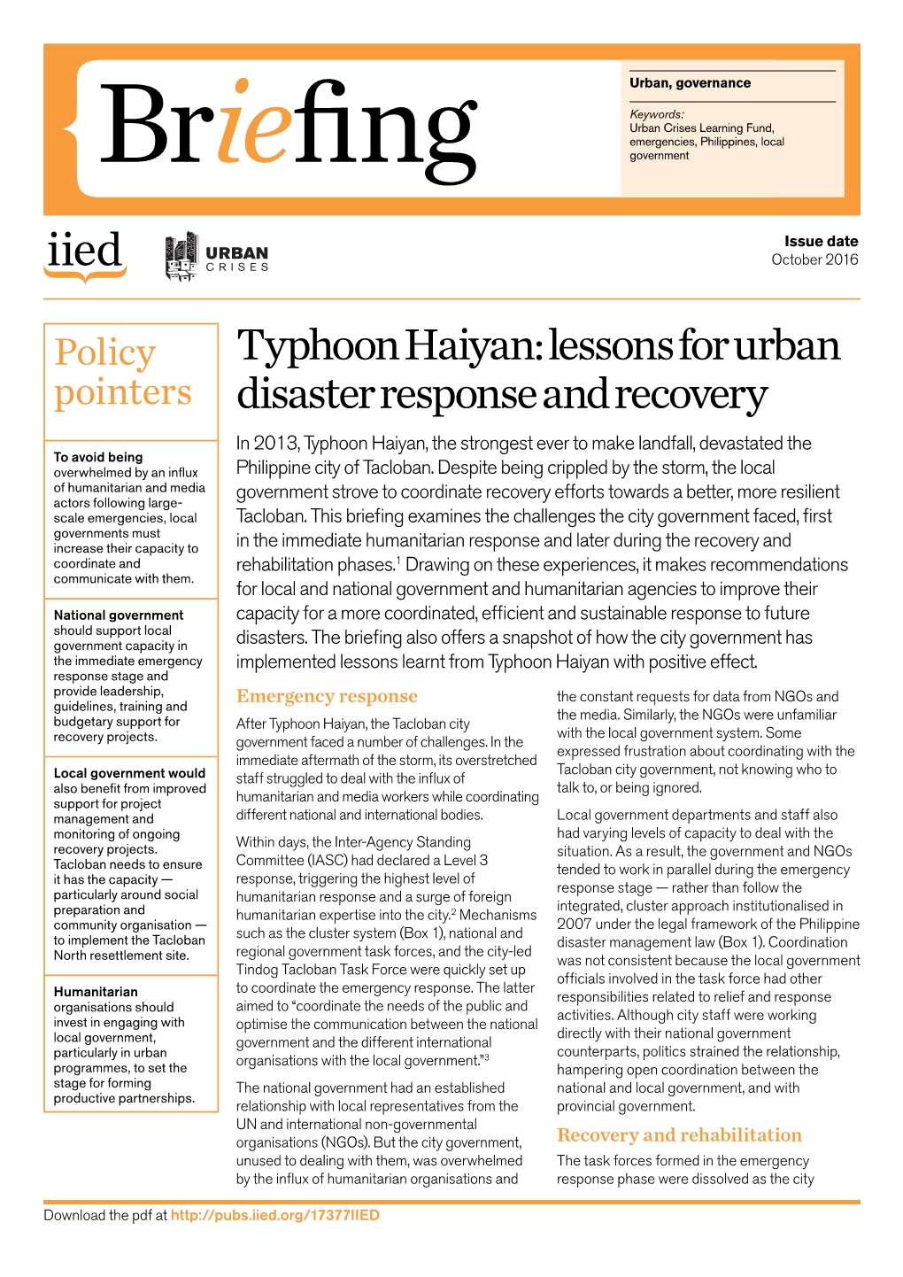 Typhoon Haiyan: Lessons for Urban Disaster Response and Recovery