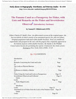 The Panama Canal As a Passageway for Fishes, with Lists and Remarks on Th...Nd Invertebrates Observed (Introductory Sections) by Samuel F