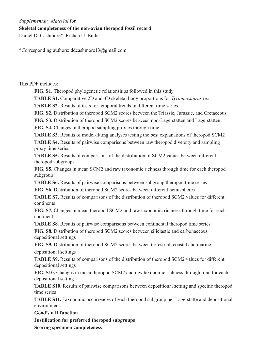 Supplementary Material for Skeletal Completeness of the Non-Avian Theropod Fossil Record Daniel D