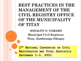 Best Practices in the Management of the Civil Registry Office of the Municipality of Titay Jonalyn N