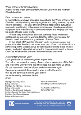 Week of Prayer for Christian Unity a Letter for the Week of Prayer for Christian Unity from the Northern Church Leaders