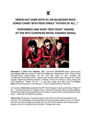 Green Day Earn Sixth #1 on Billboard Rock Songs Chart with New Single “Father of All…”