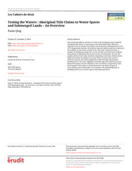 Aboriginal Title Claims to Water Spaces and Submerged Lands – an Overview Paula Quig