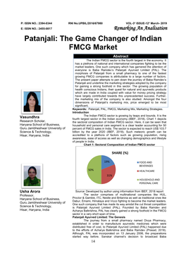 Patanjali: the Game Changer of Indian FMCG Market Abstract the Indian FMCG Sector Is the Fourth Largest in the Economy