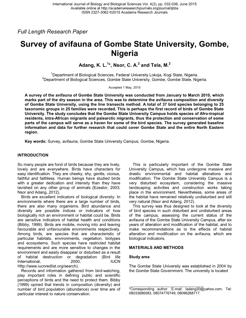 Survey of Avifauna of Gombe State University, Gombe, Nigeria