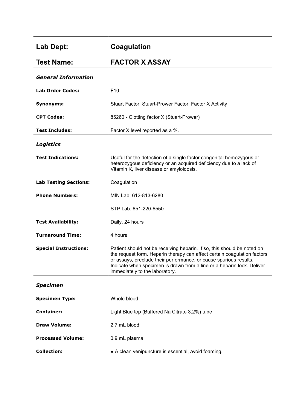 Factor X Assay