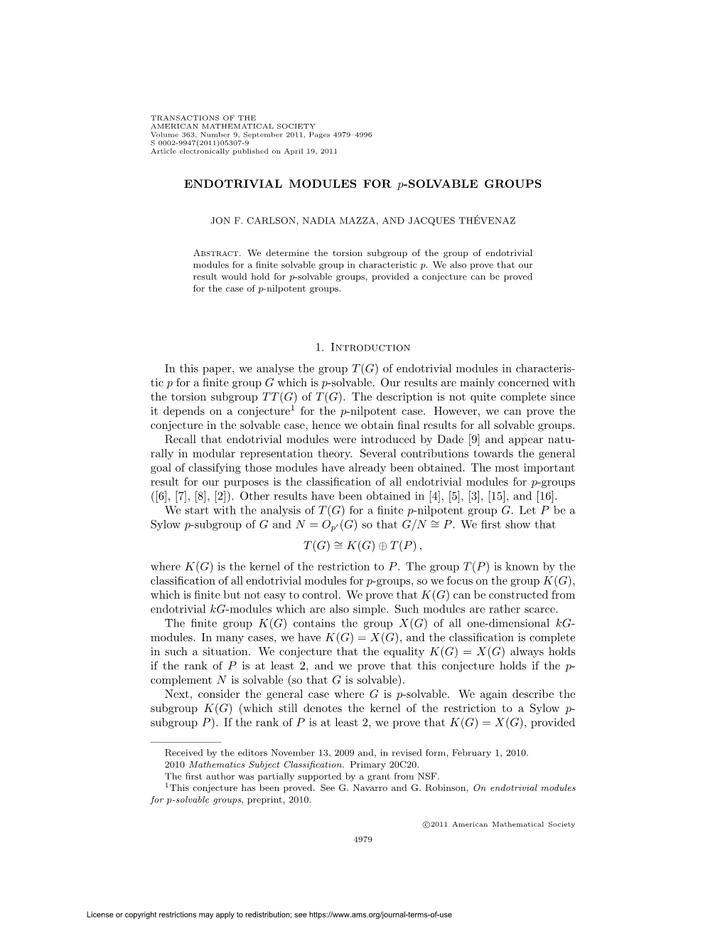 ENDOTRIVIAL MODULES for P-SOLVABLE GROUPS 1