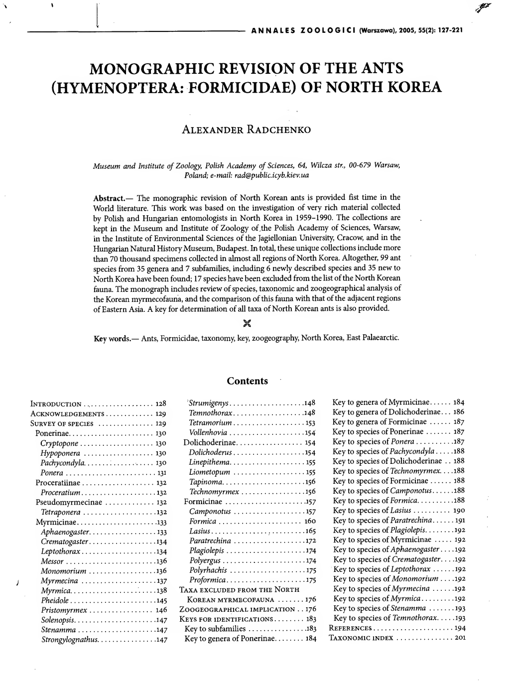 Monographic Revision of the Ants (Hymenoptera, Formicidae) of North
