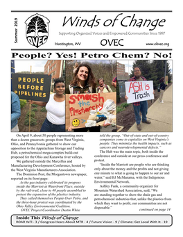 Winds of Change Supporting Organized Voices and Empowered Communities Since 1987 Summer 2019 E Huntington, WV OVEC People? Yes! Petro Chem? No!