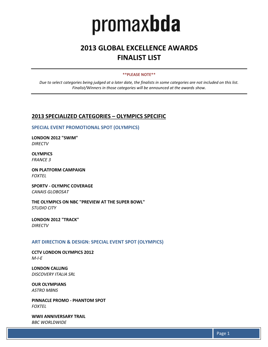 2013 Global Excellence Awards Finalist List