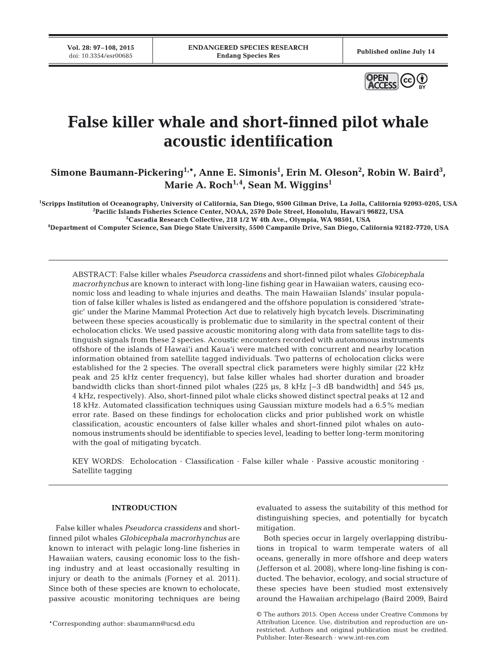 False Killer Whale and Short-Finned Pilot Whale Acoustic Identification