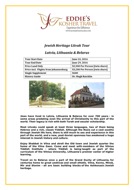 Jewish Heritage Litvak Tour Latvia, Lithuania & Belarus