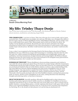 My Life: Trinley Thaye Dorje One of the Men Enthroned As the 17Th Karmapa, His Holiness Talks to Nicole Chabot About Mentors, Meditation and Playing Angry Birds