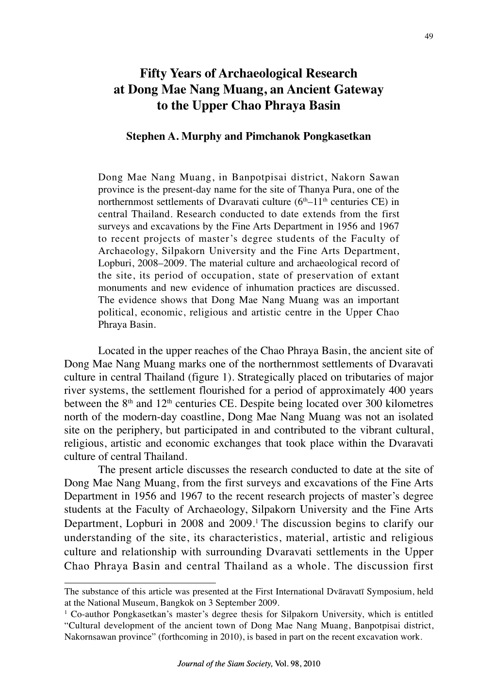 Fifty Years of Archaeological Research at Dong Mae Nang Muang, an Ancient Gateway to the Upper Chao Phraya Basin