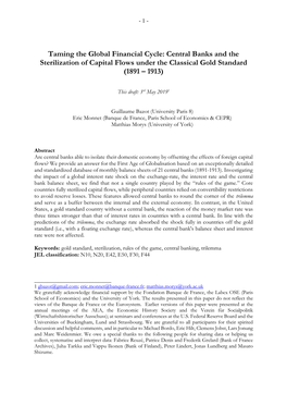 Taming the Global Financial Cycle: Central Banks and the Sterilization of Capital Flows Under the Classical Gold Standard (1891 – 1913)